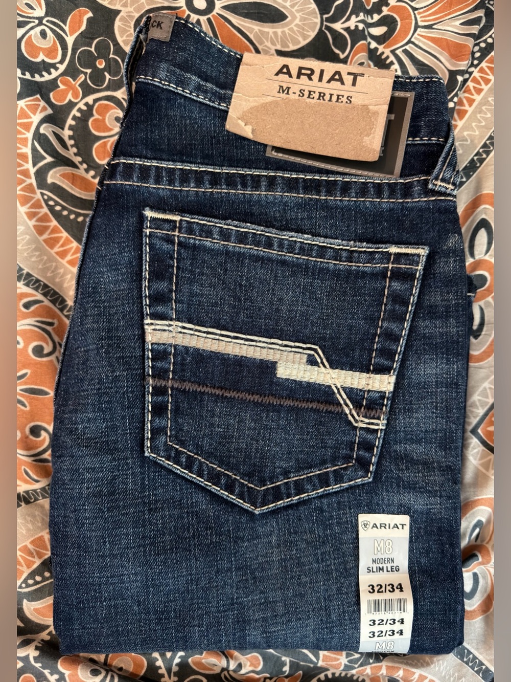 NWT mens Ariat M8 Dark Blue Denim Slim-Leg Jeans SIZE 32x34